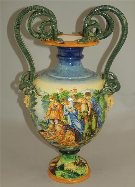 A Cantagalli style maiolica twin handled vase, late 19th / early 20th century, 54.5cm